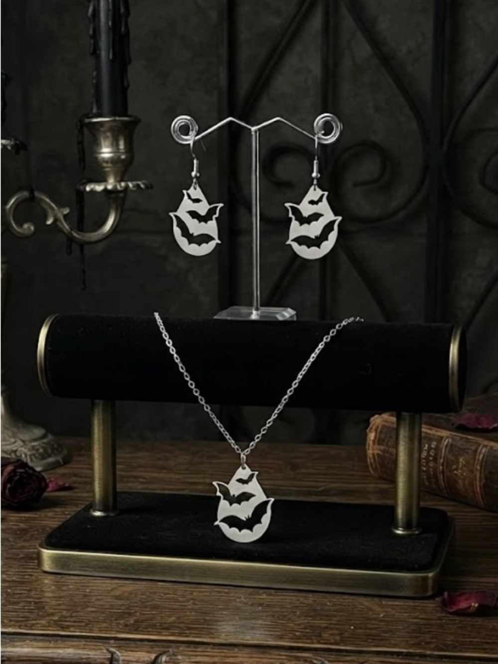 Hand Crafted Silver Bat Pendant Necklace and Earrings Set
